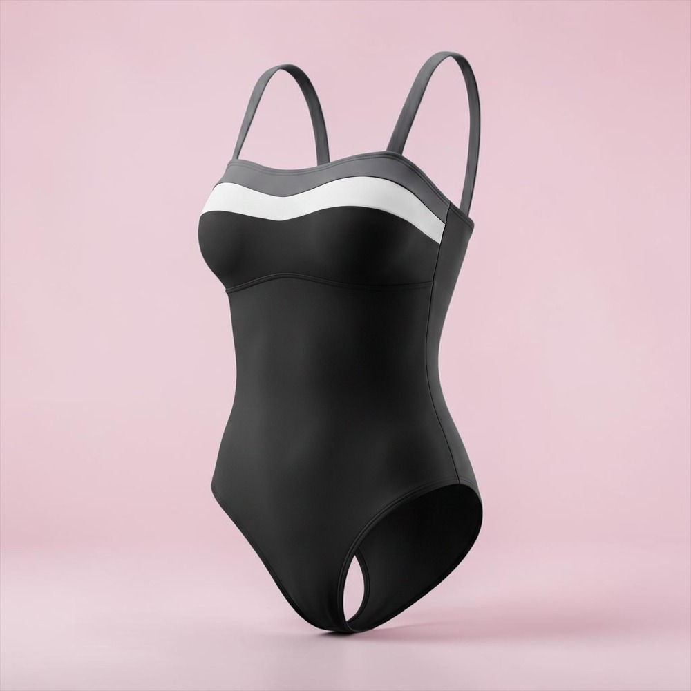 Color Block One‎ Piece Swimsuit Black Grey White Adjustable Straps Size M
